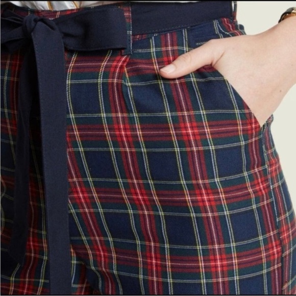Modcloth Savannah Plaid Tartan Wide Leg Pant Trouser High Rise Holiday Belt Blue - Picture 2 of 11